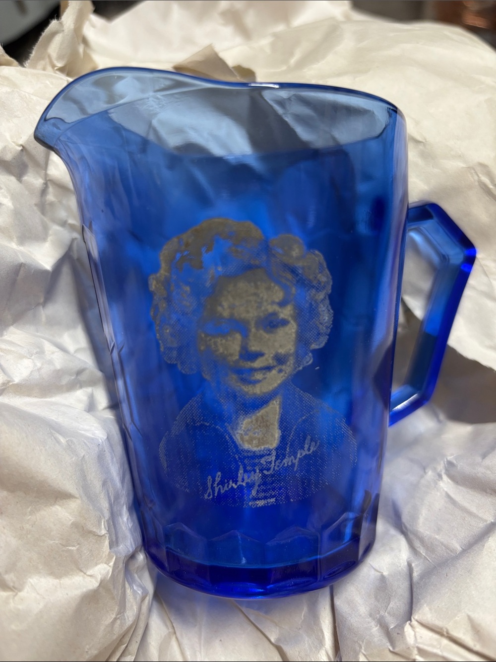 Vintage 1930’s, Shirley Temple, Blue Glass Pitcher with Etched Portrait 4 1/8” T